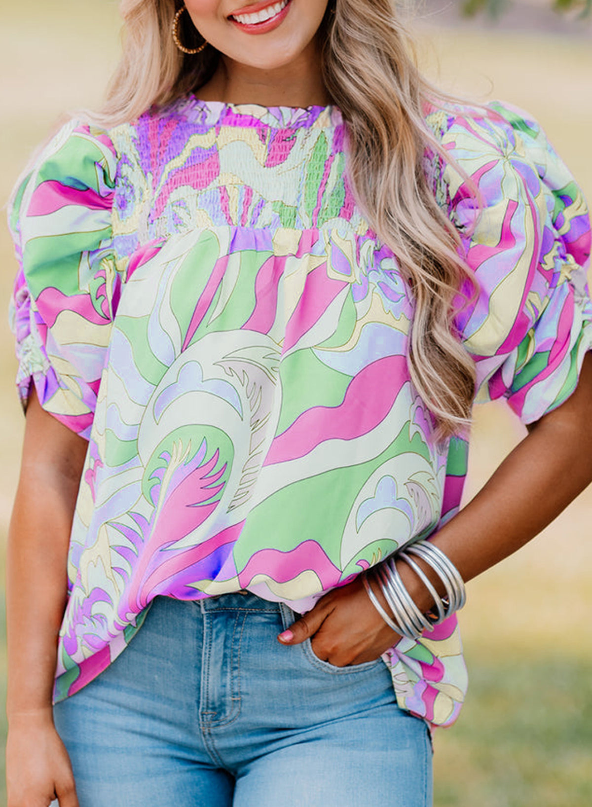 Pink Abstract Bubble Sleeve Smock Blouse