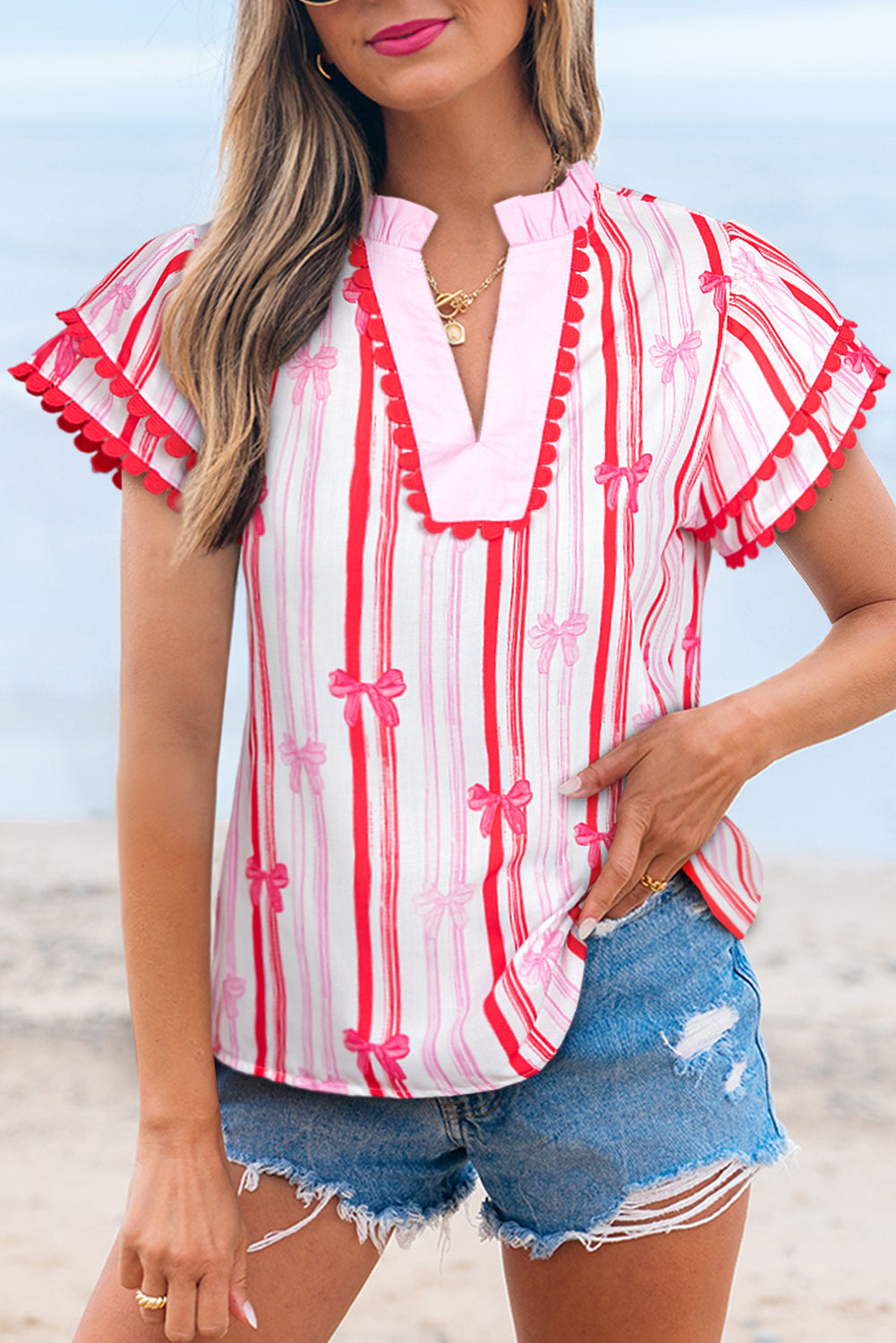 Pink Ric-rac Trim Ruffled Sleeve V Neck Bow Striped Printed Top