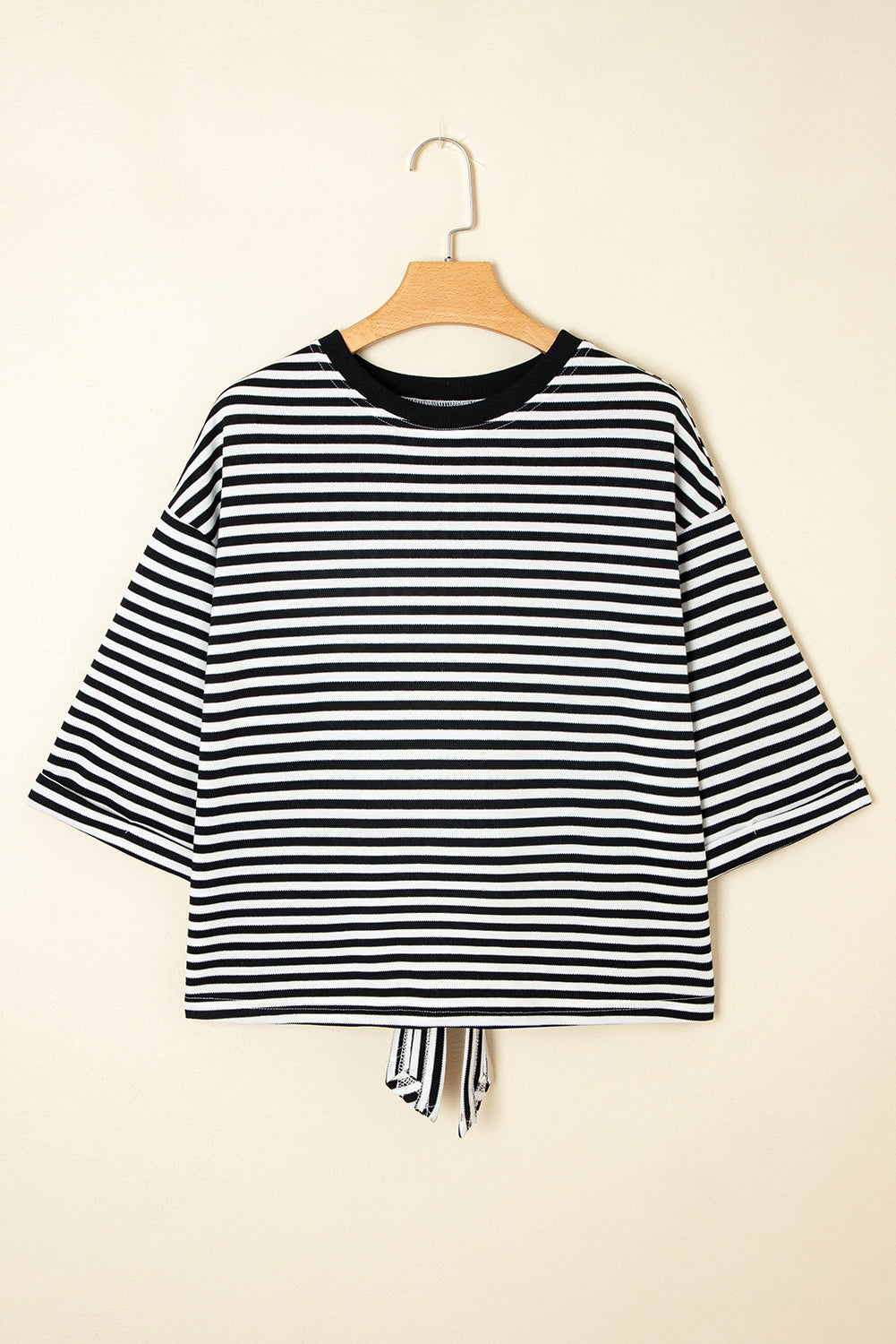 Pink Stripe Bowknot Cutout Back Drop Shoulder Wide Bracelet Sleeve Loose Tee