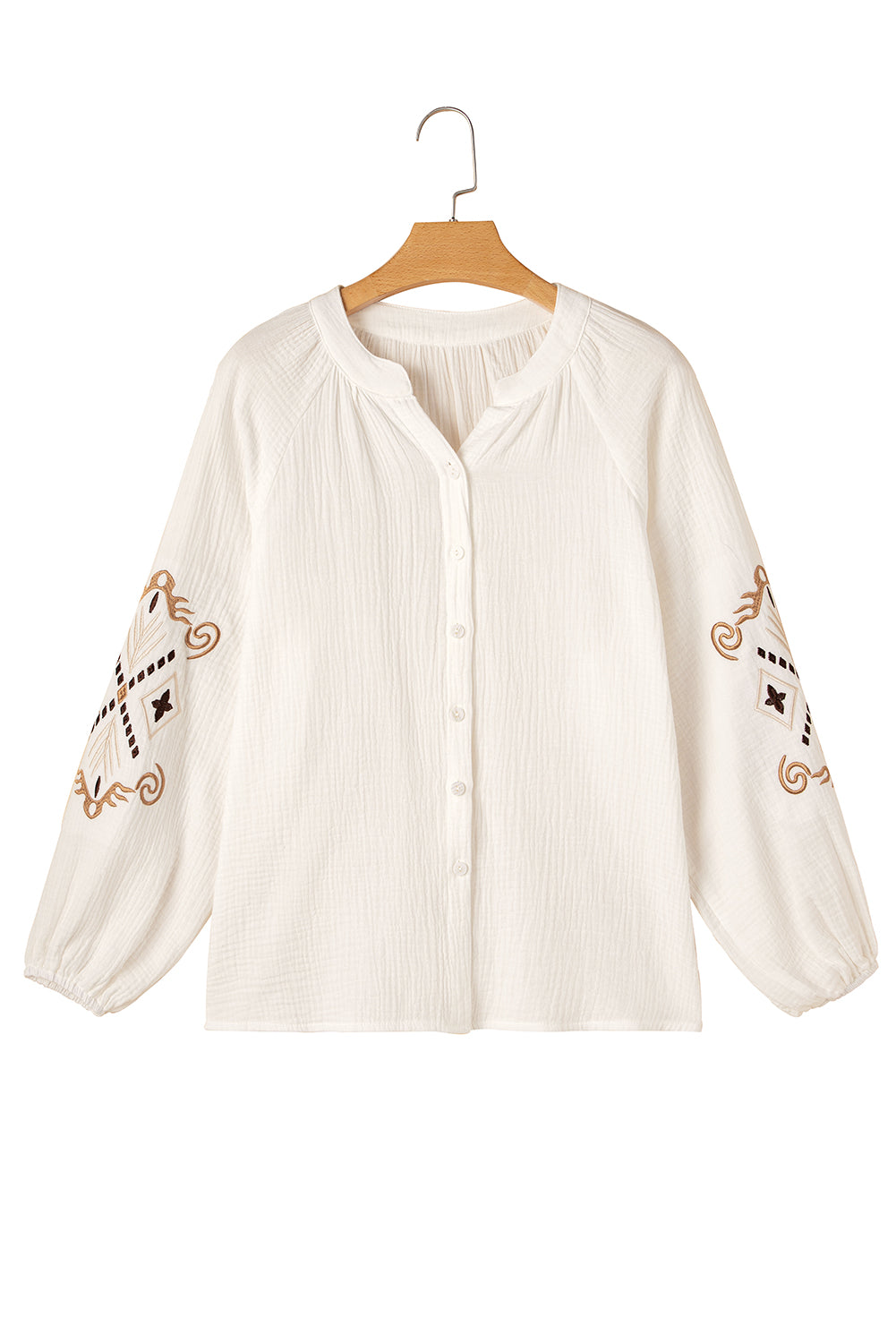 White Embroidered Textured Buttoned Crew Neck
