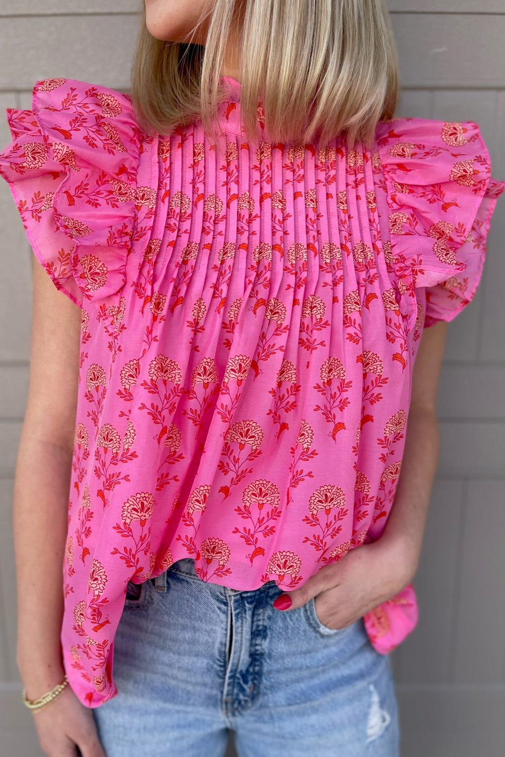 Rose Red Floral Print Pleated Ruffled Flutter Sleeve Top