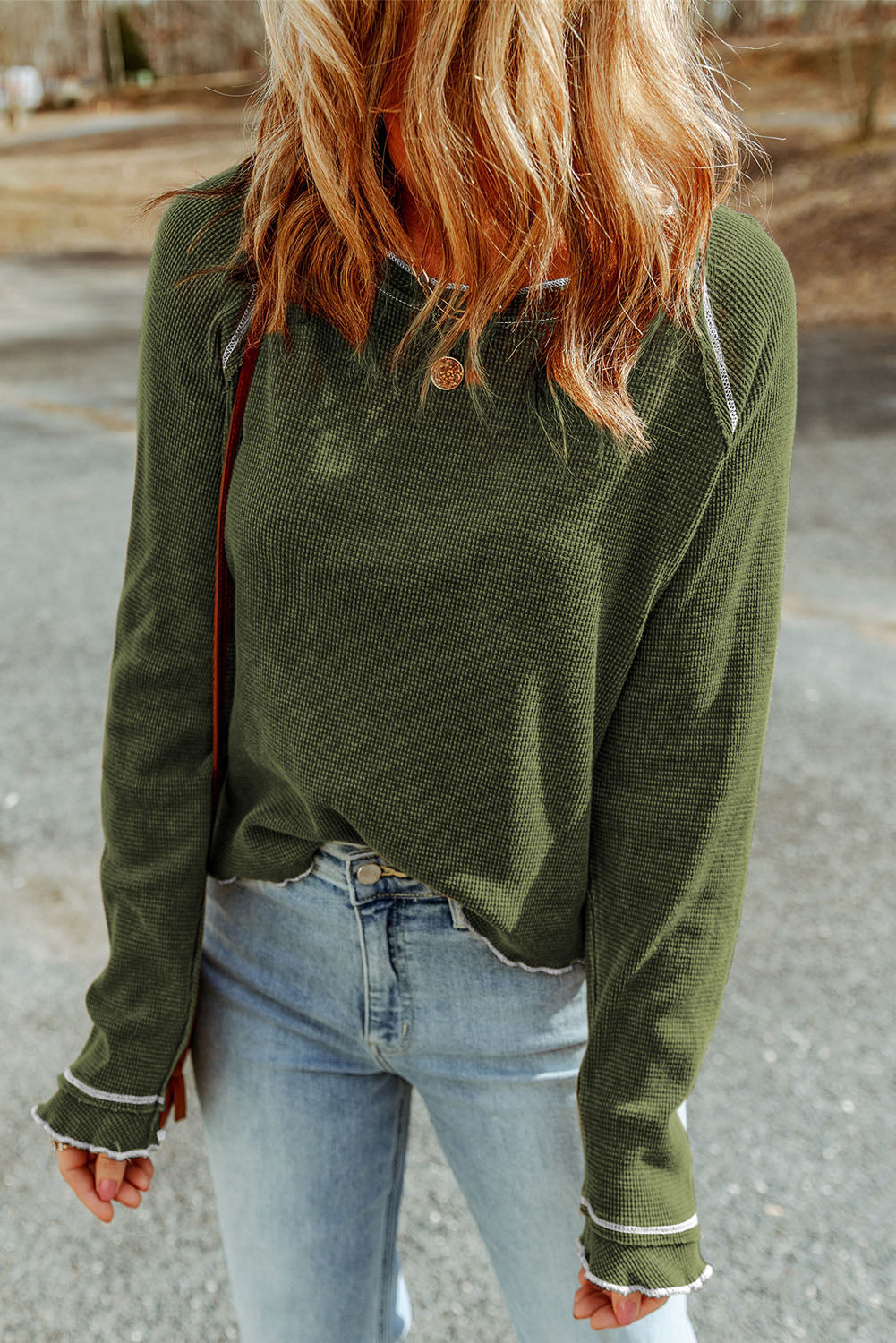 Gray Textured Round Neck Long Sleeve Top