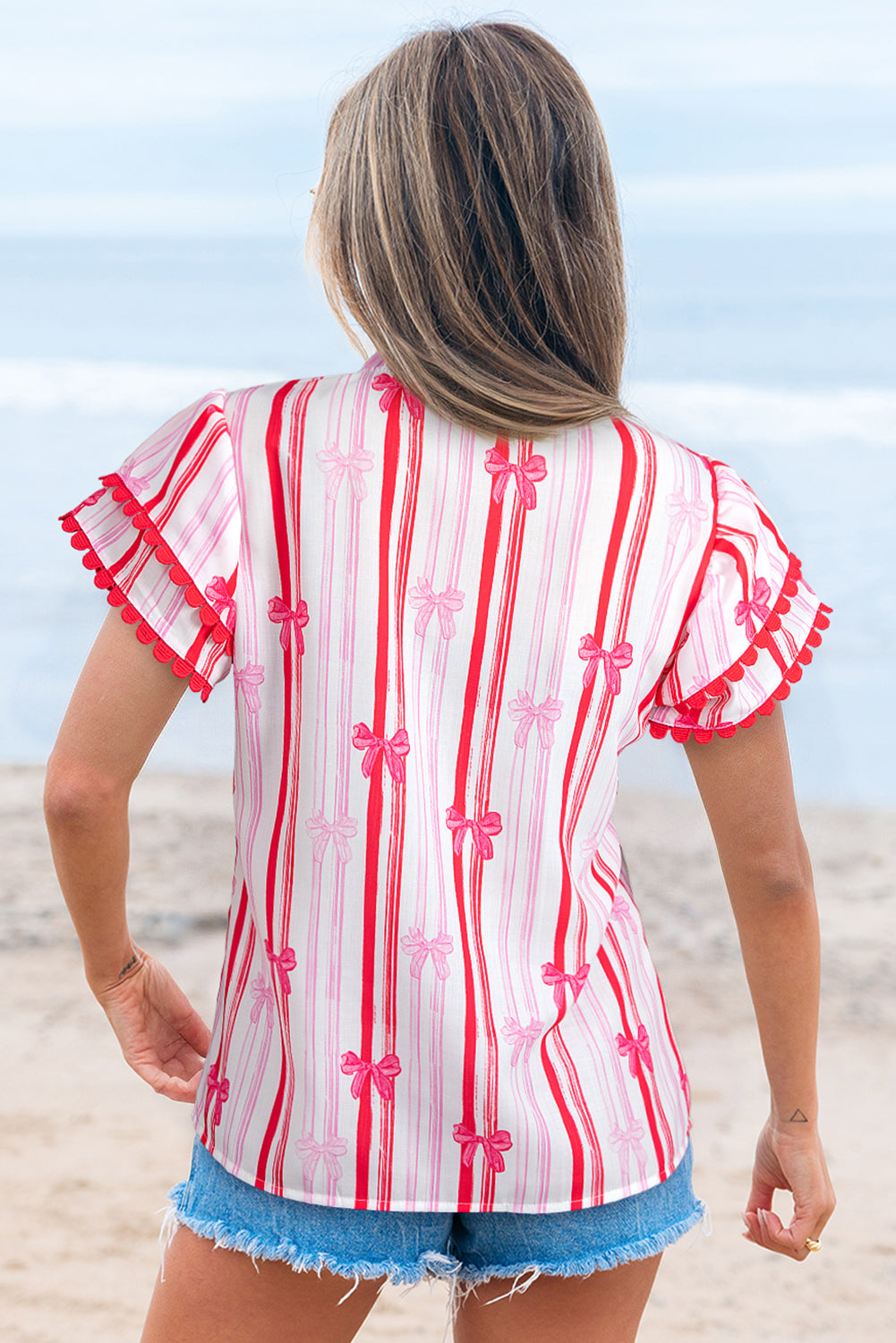 Pink Ric-rac Trim Ruffled Sleeve V Neck Bow Striped Printed Top