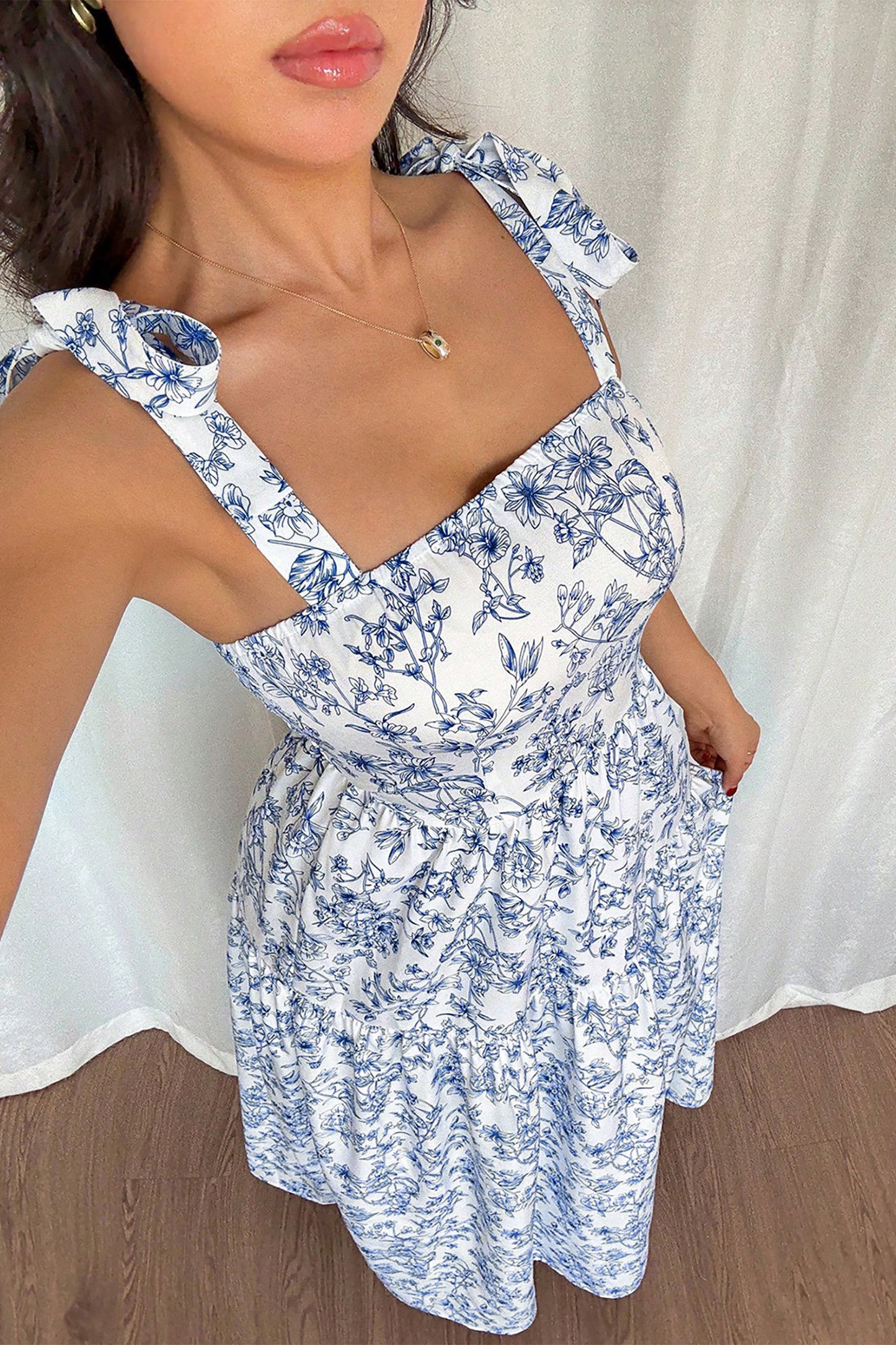 Sky Blue Floral Print Knot Flared Maxi Dress