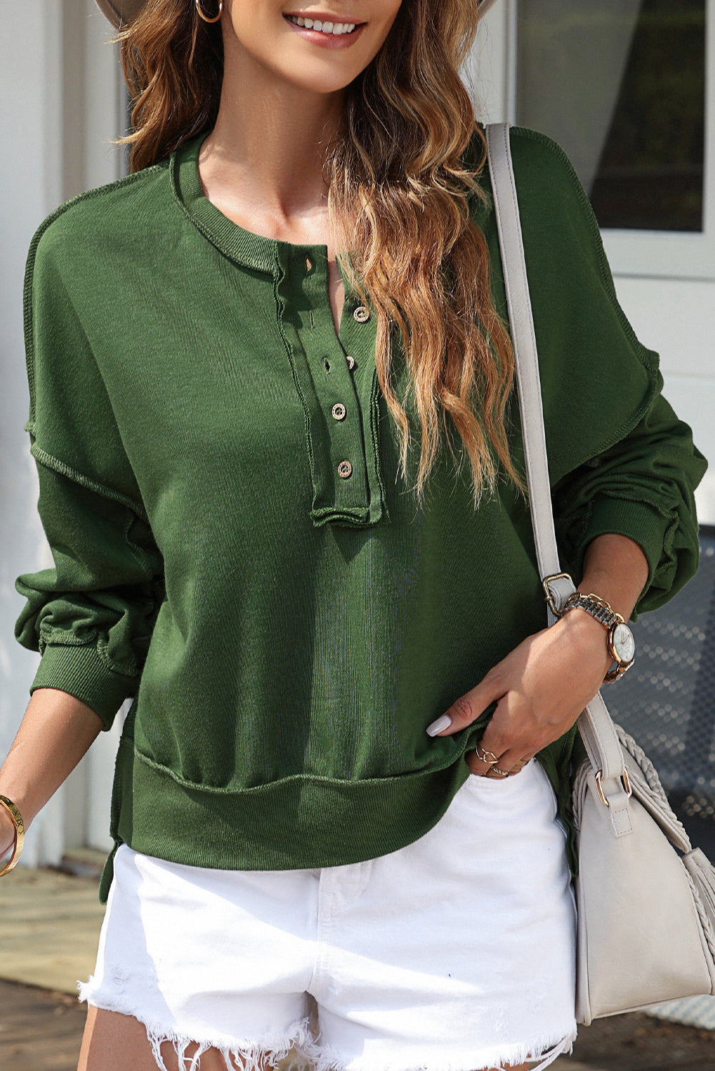 Drop Shoulder Henley Buttons Sweatshirt