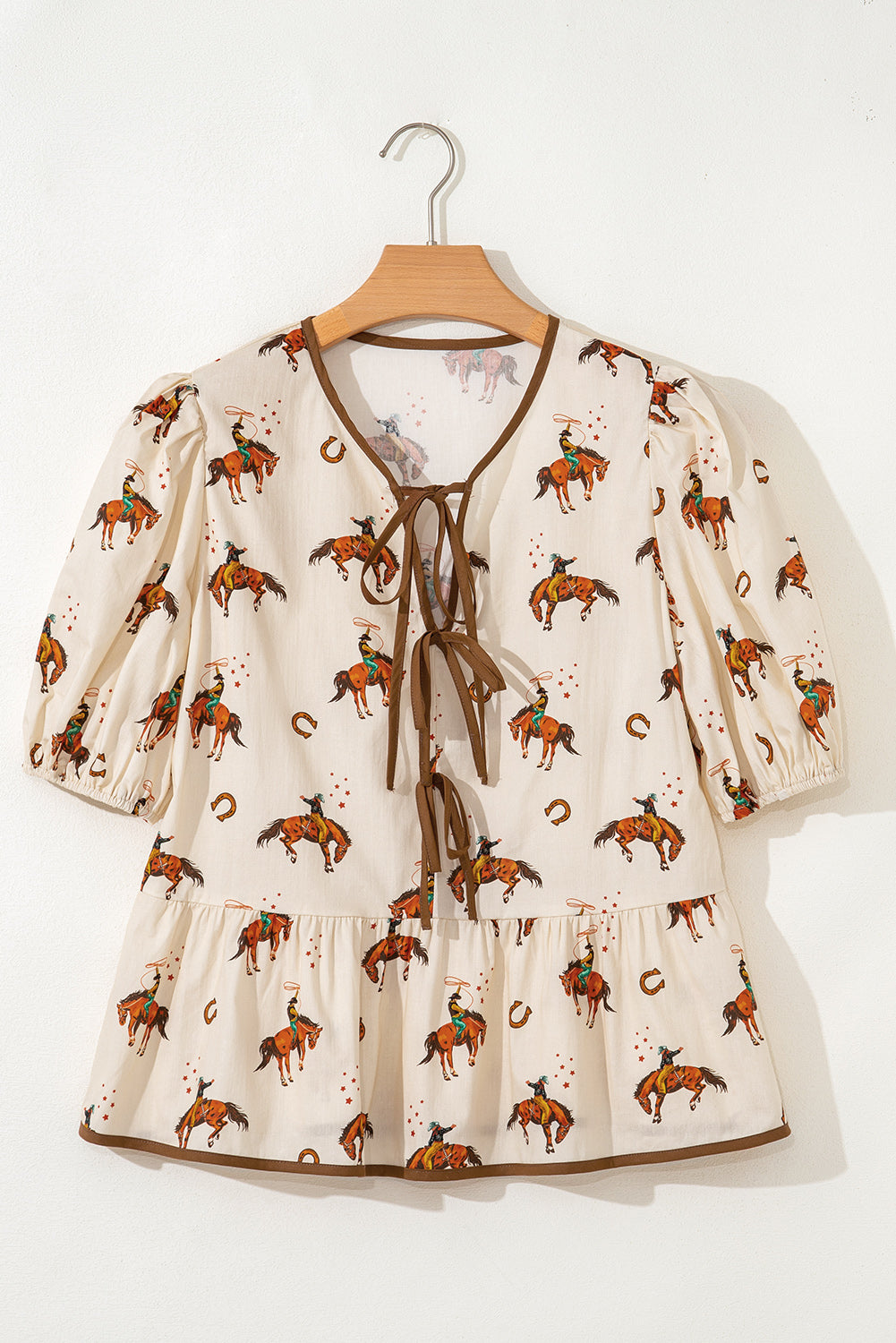 Apricot Cowboy Print Puff Sleeve Bowknot Peplum Top