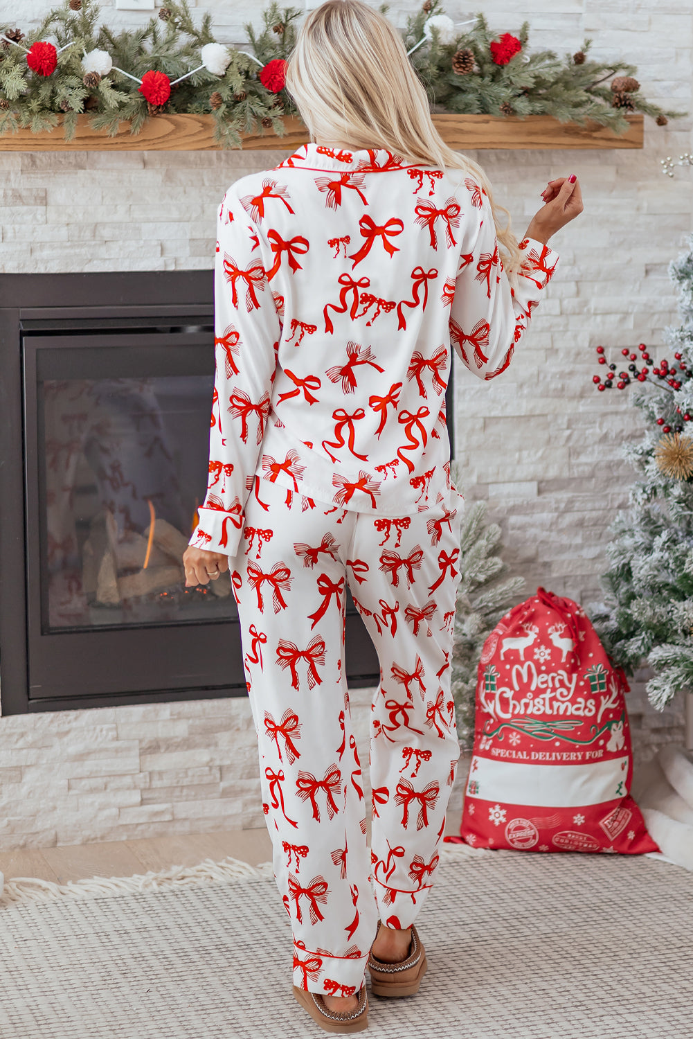 Red Christmas Bow Print Long 2pcs Pajama Set