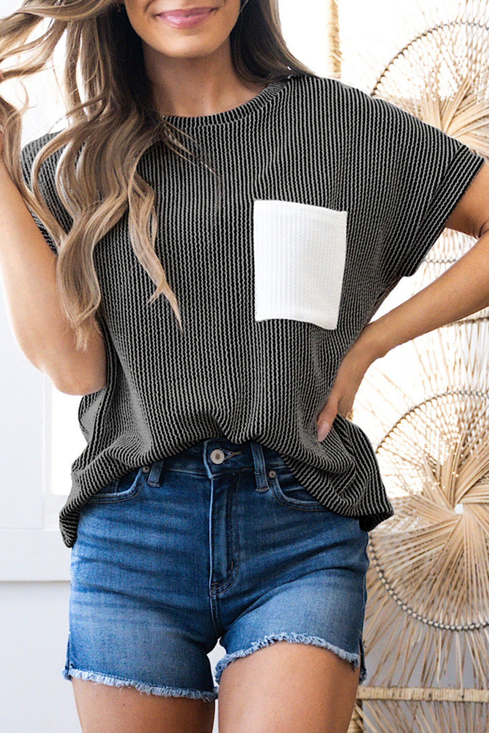 Pink Corded Knit Color Block Pocketed Crew Neck Top