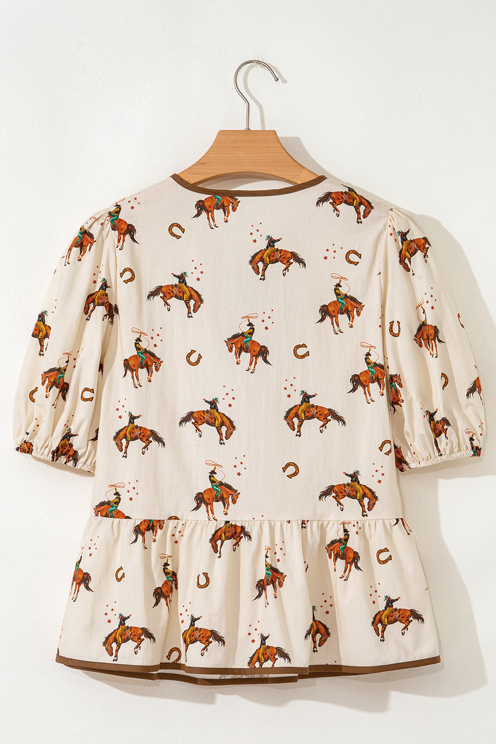 Apricot Cowboy Print Puff Sleeve Bowknot Peplum Top
