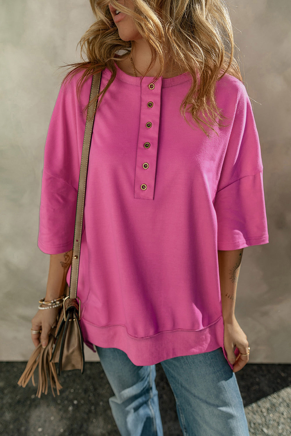 Drop Shoulder Henley Buttons Sweatshirt