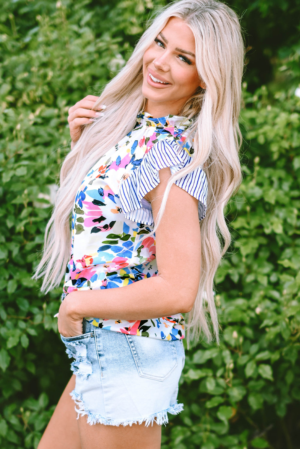Light Blue Floral Print Striped Ruffled Sleeve Top