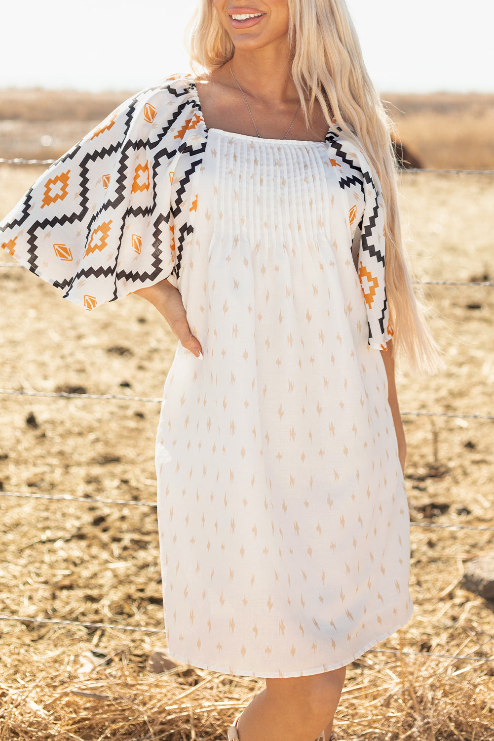 Aztec Print Pleated Square Neck Loose Mini Dress