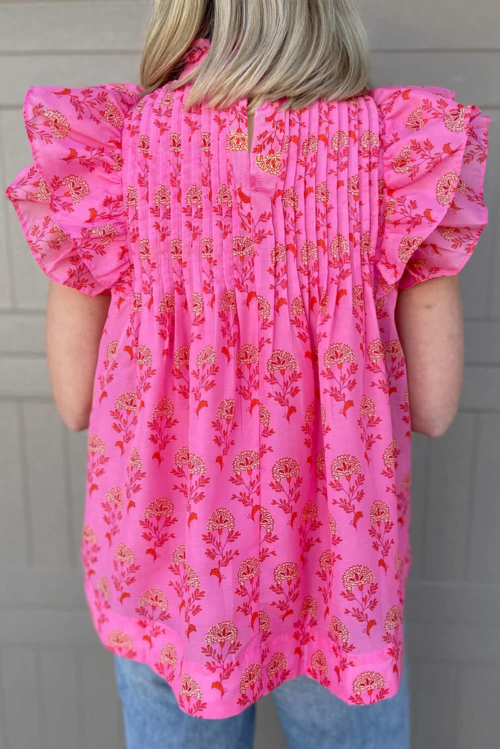 Rose Red Floral Print Pleated Ruffled Flutter Sleeve Top