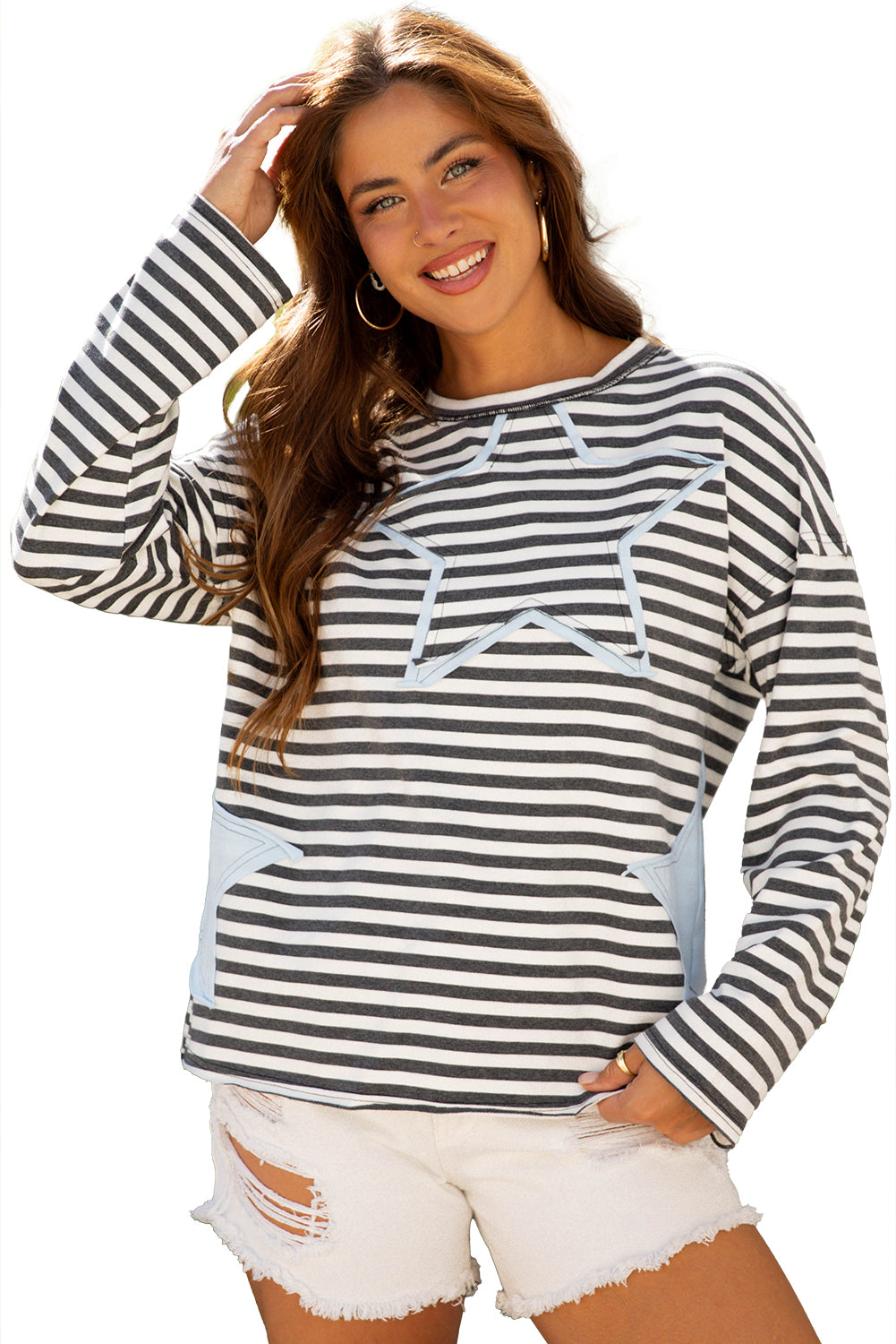 Gray Stripe Starry Patch Sweatshirt