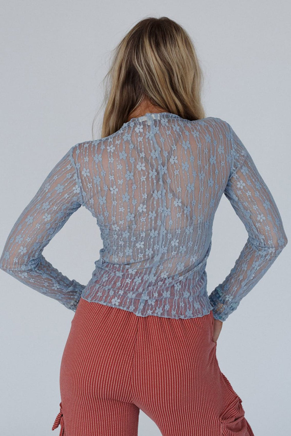 Black Sheer Floral Lace Long Sleeve Slim Fit Top