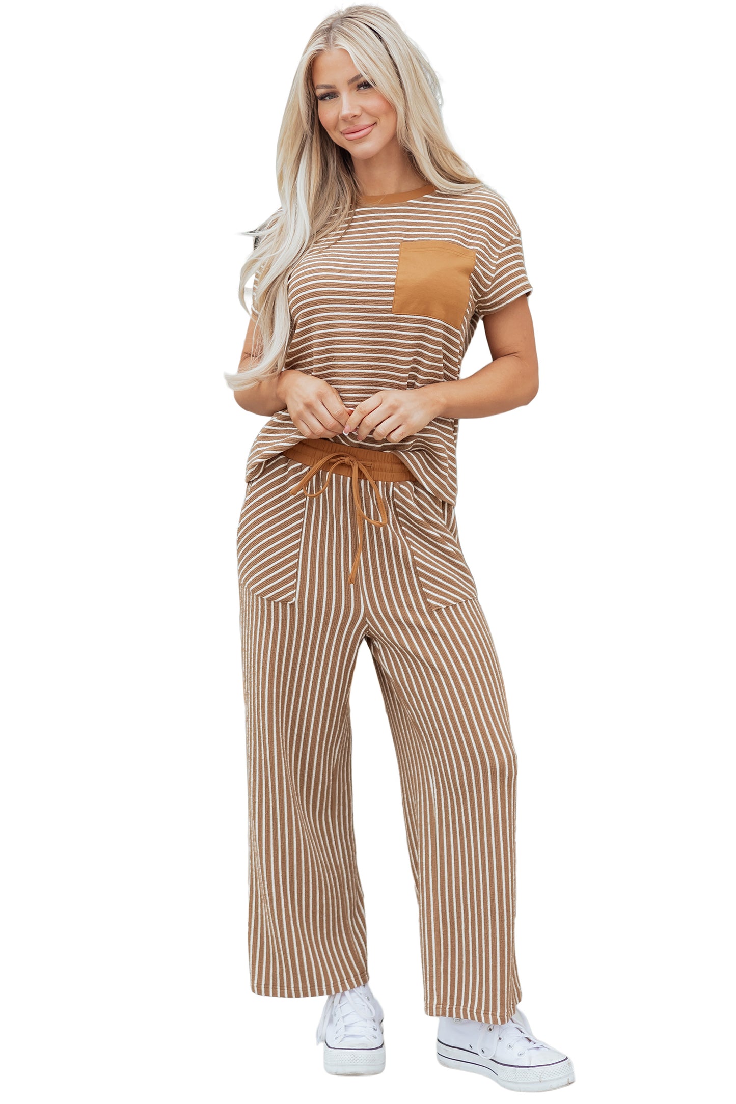 Striped Drawstring Waist Cropped Pants 2 Piece Set