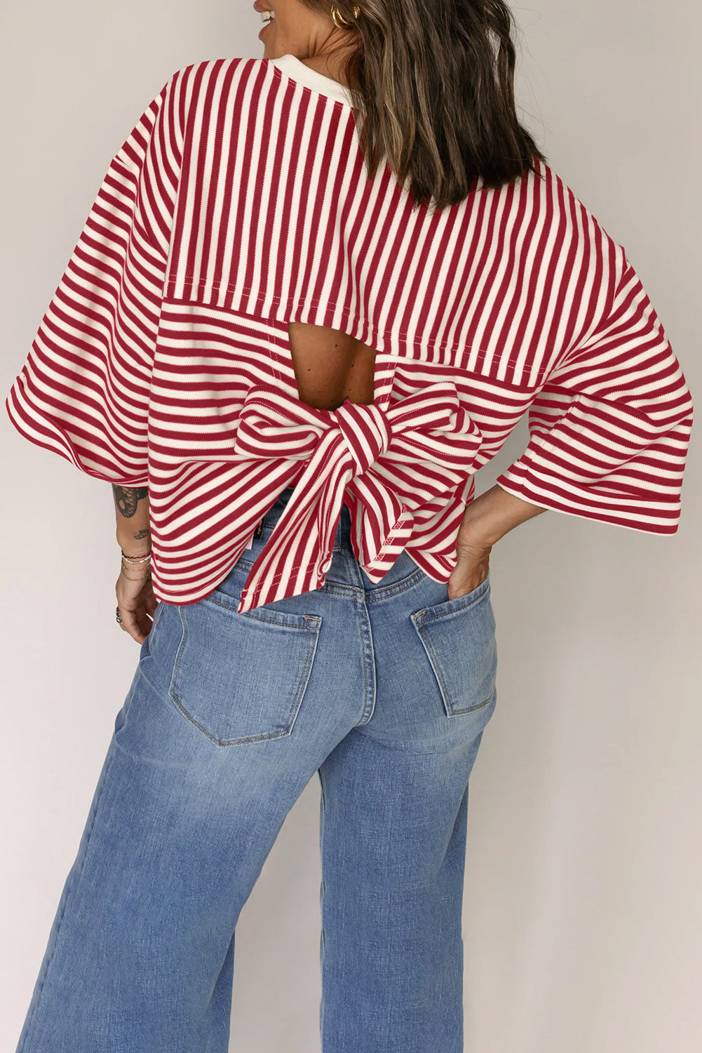 Pink Stripe Bowknot Cutout Back Drop Shoulder Wide Bracelet Sleeve Loose Tee