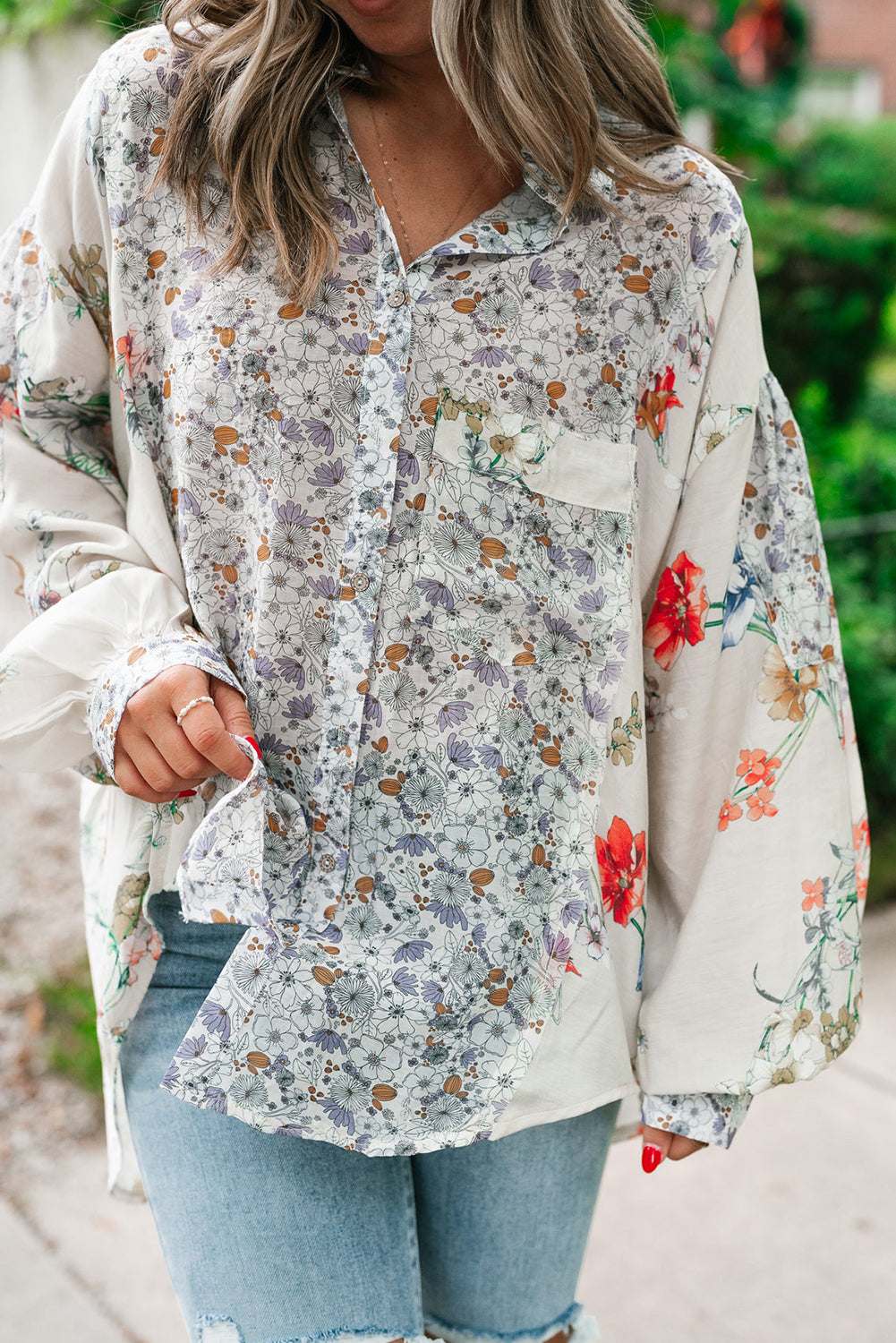Purple Boho Floral Bishop Sleeve Button Up