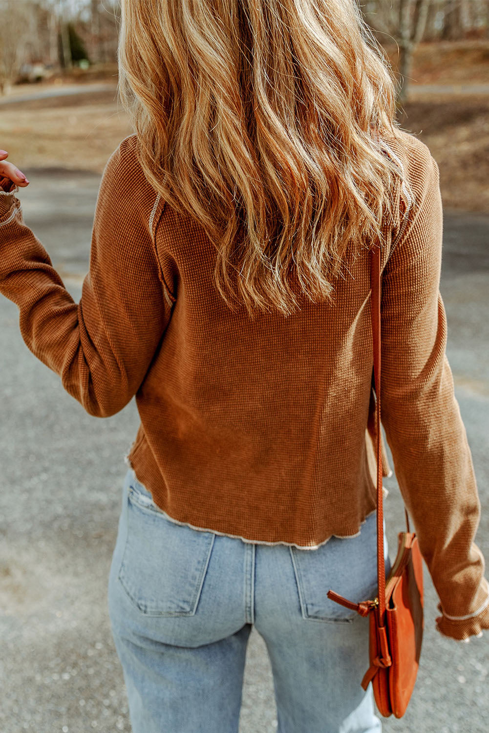Gray Textured Round Neck Long Sleeve Top