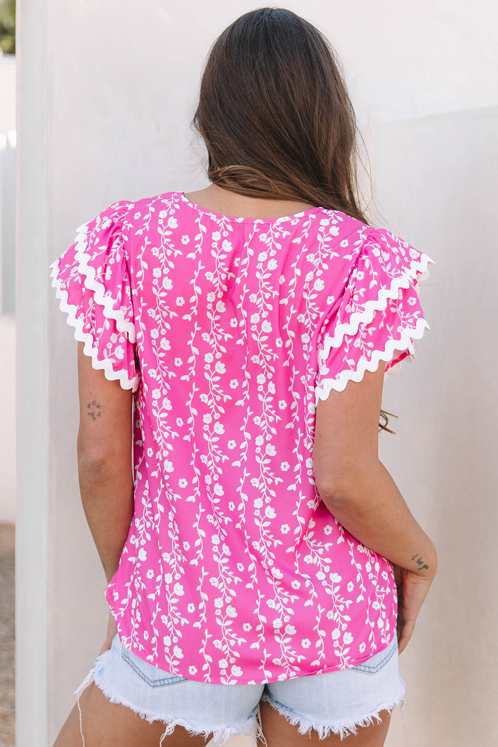 Pink Floral Print Ric-rac Tiered Ruffled V Neck Top