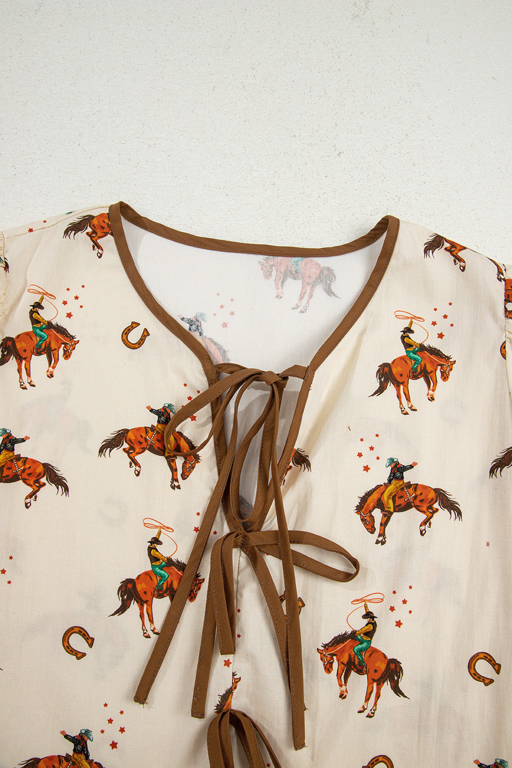 Apricot Cowboy Print Puff Sleeve Bowknot Peplum Top