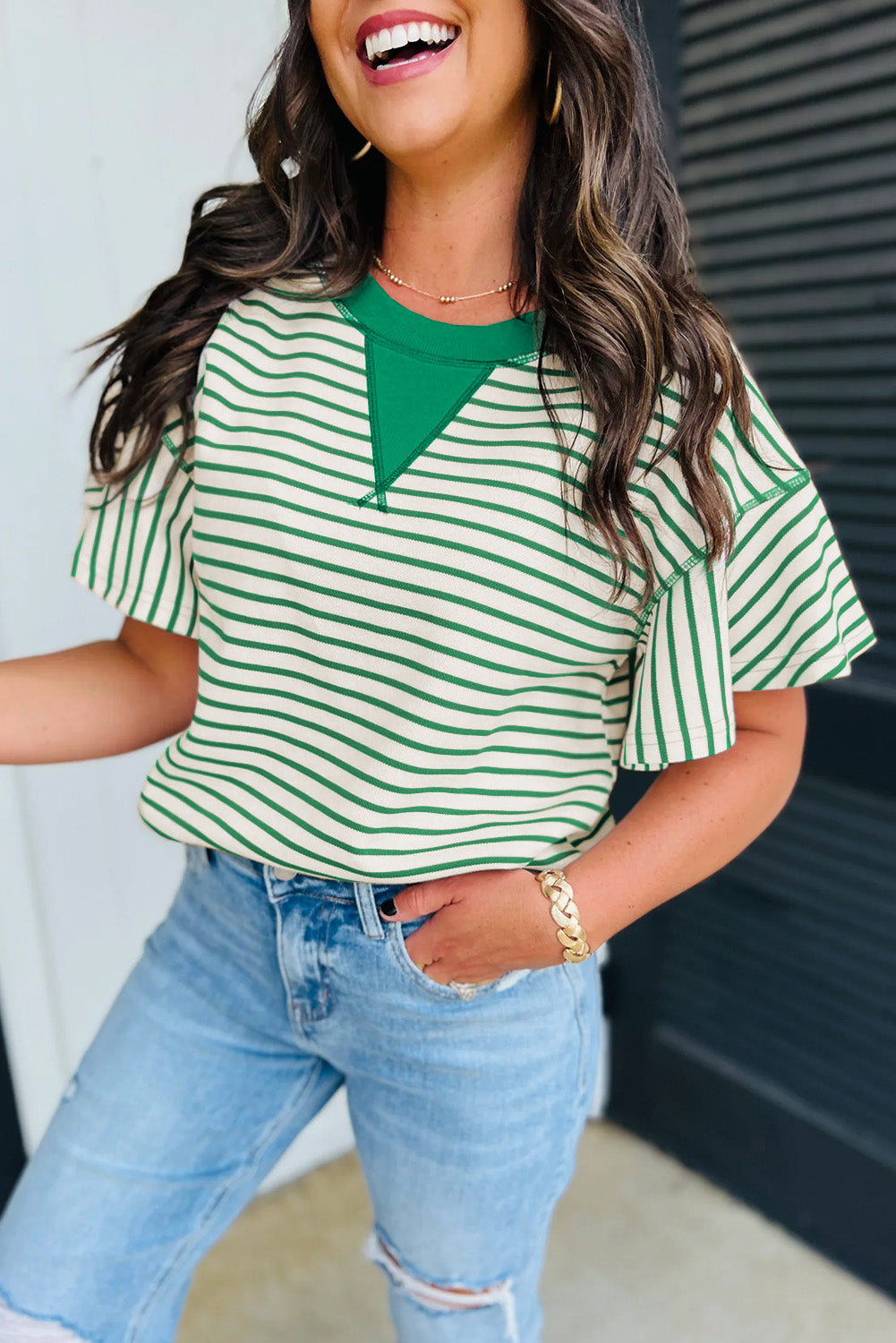 Sachet Pink Contrast Detail Striped Ruffle Short Sleeve Top