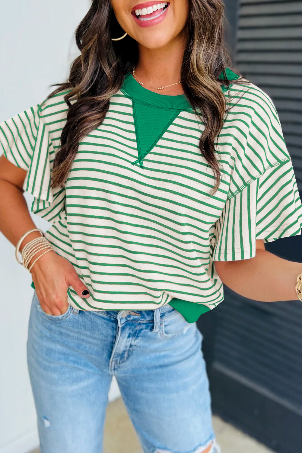 Sachet Pink Contrast Detail Striped Ruffle Short Sleeve Top