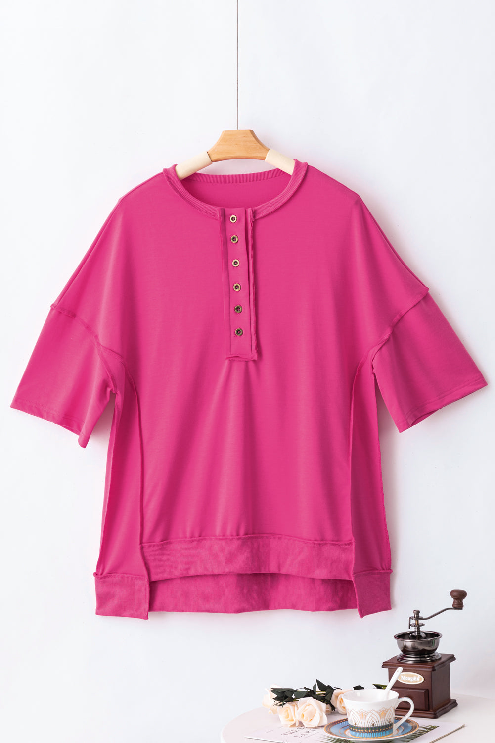 Drop Shoulder Henley Buttons Sweatshirt