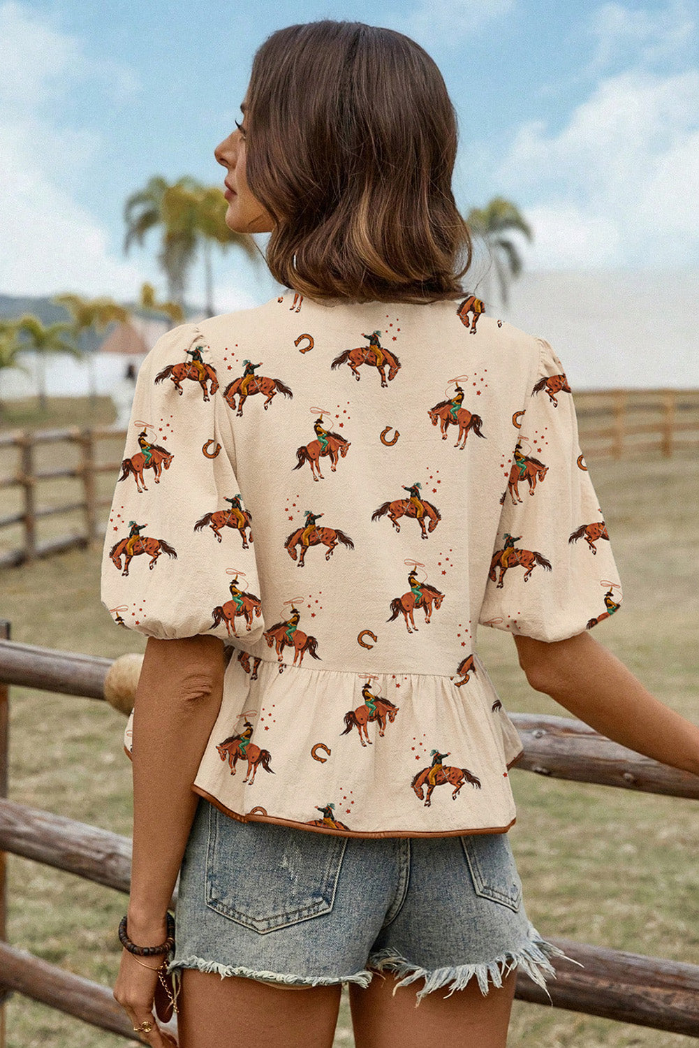 Apricot Cowboy Print Puff Sleeve Bowknot Peplum Top
