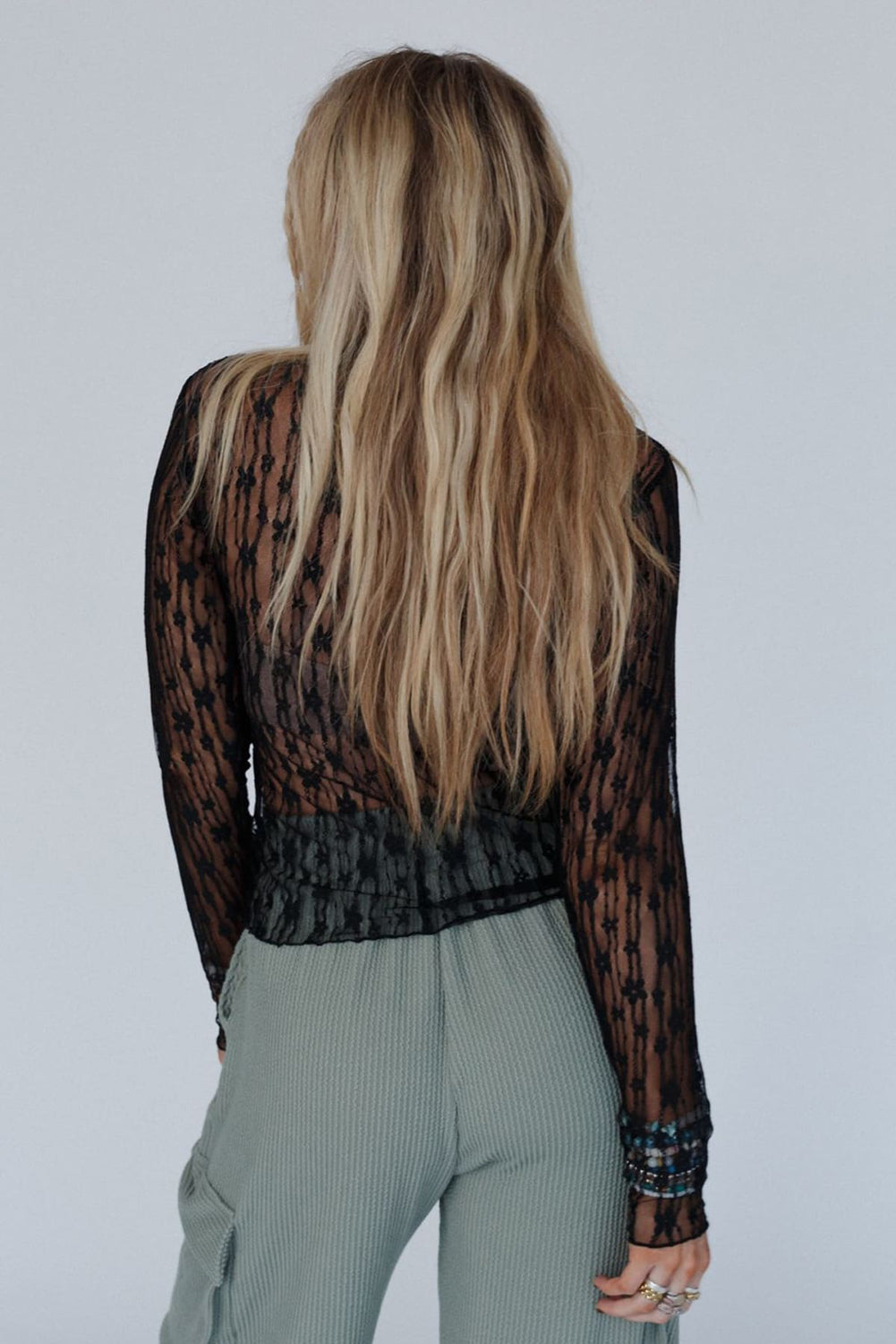 Black Sheer Floral Lace Long Sleeve Slim Fit Top
