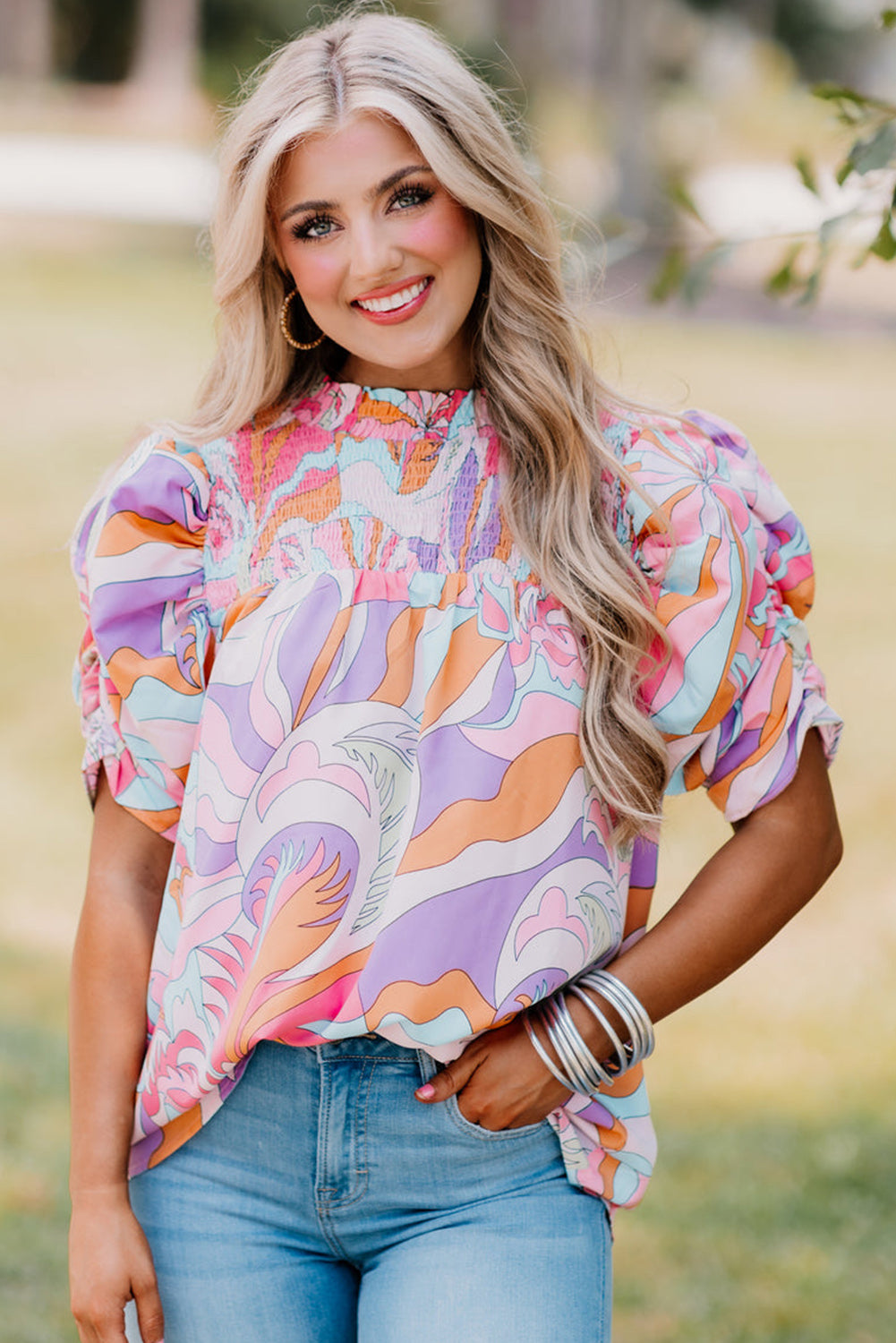 Pink Abstract Bubble Sleeve Smock Blouse