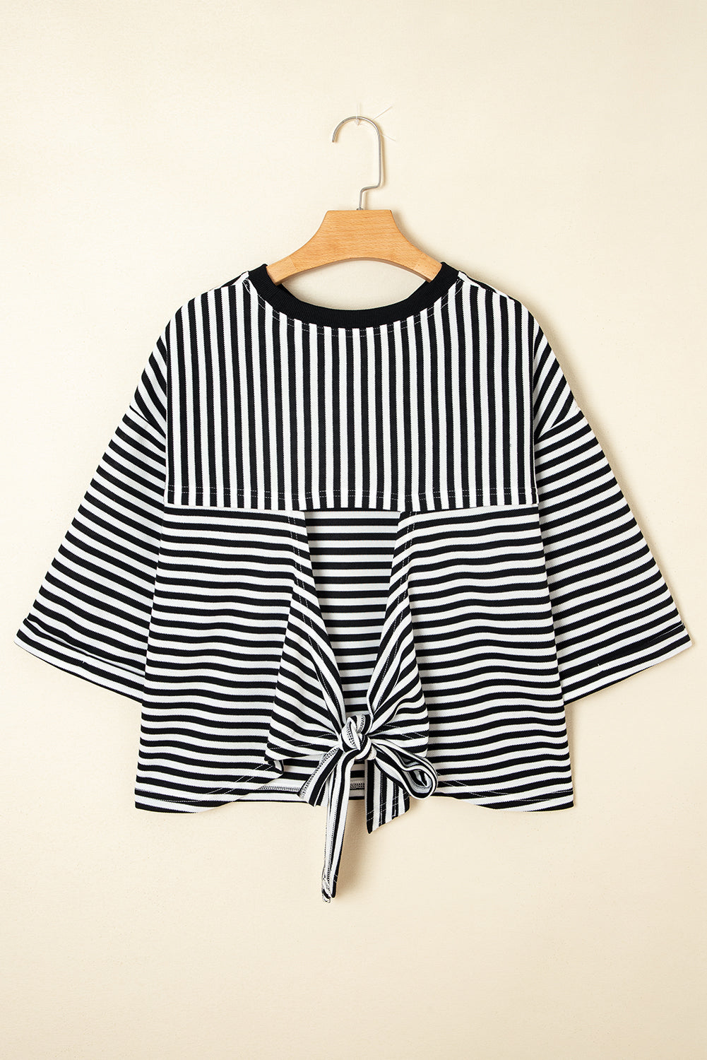 Pink Stripe Bowknot Cutout Back Drop Shoulder Wide Bracelet Sleeve Loose Tee