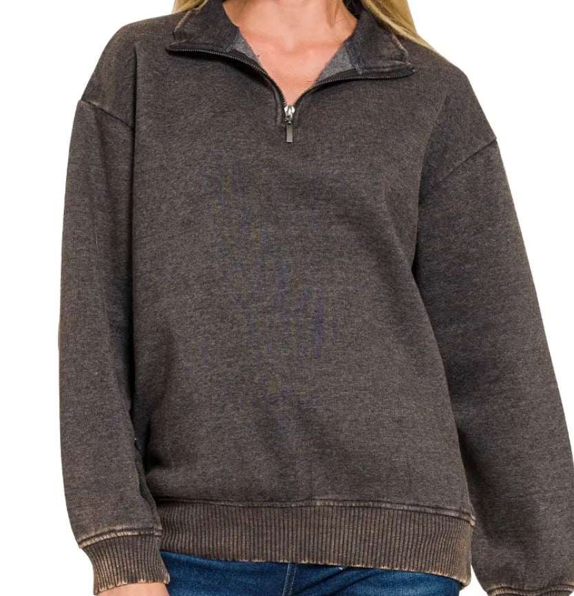 Zenana Acid Washed Half Zip Sweatshirt