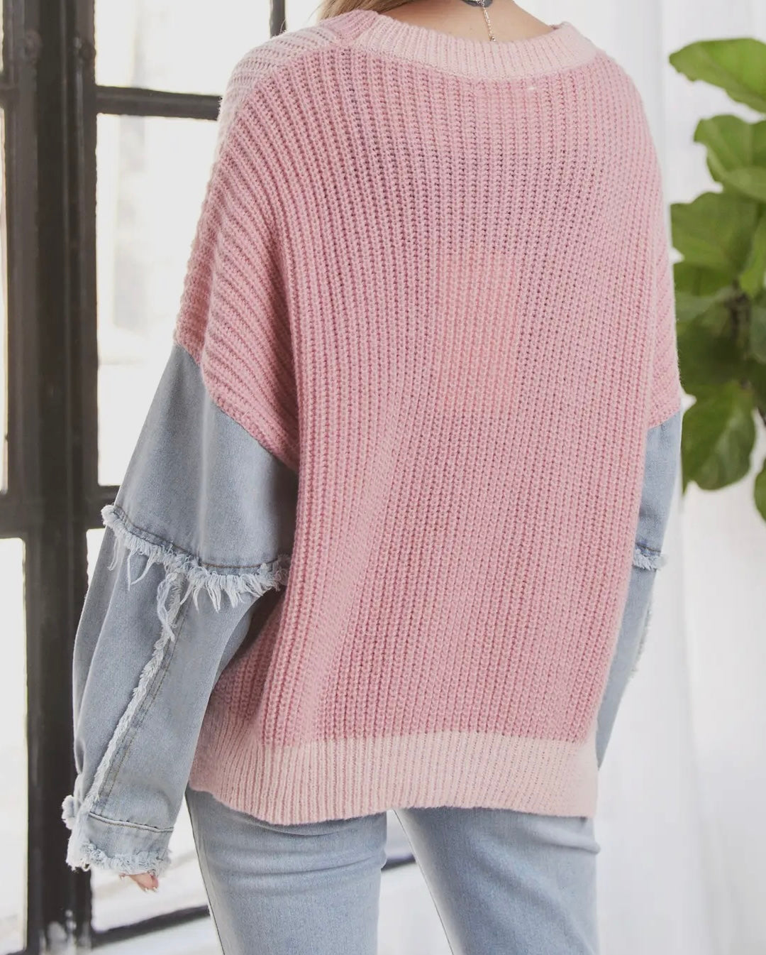 Frayed Denim Sleeve Sweater