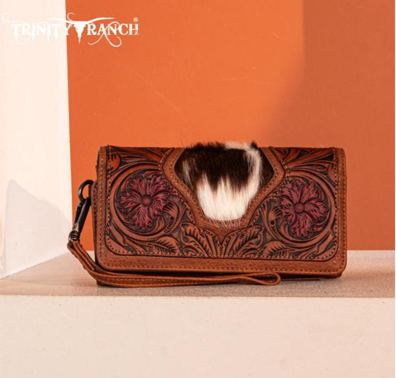 Trinity Ranch Floral Tooled and Hair-On Cowhide Wallet