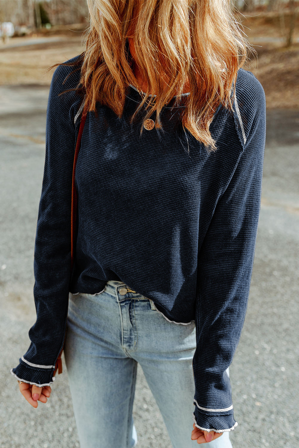 Gray Textured Round Neck Long Sleeve Top