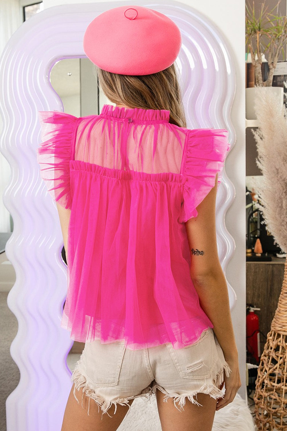 Strawberry Pink Tulle Ruffle Sleeve Flared Top