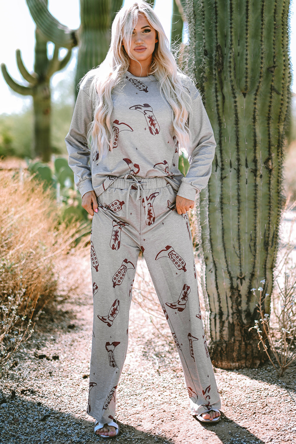 Cowgirl Boots Printed Long Sleeve Top Pants Lounge Set