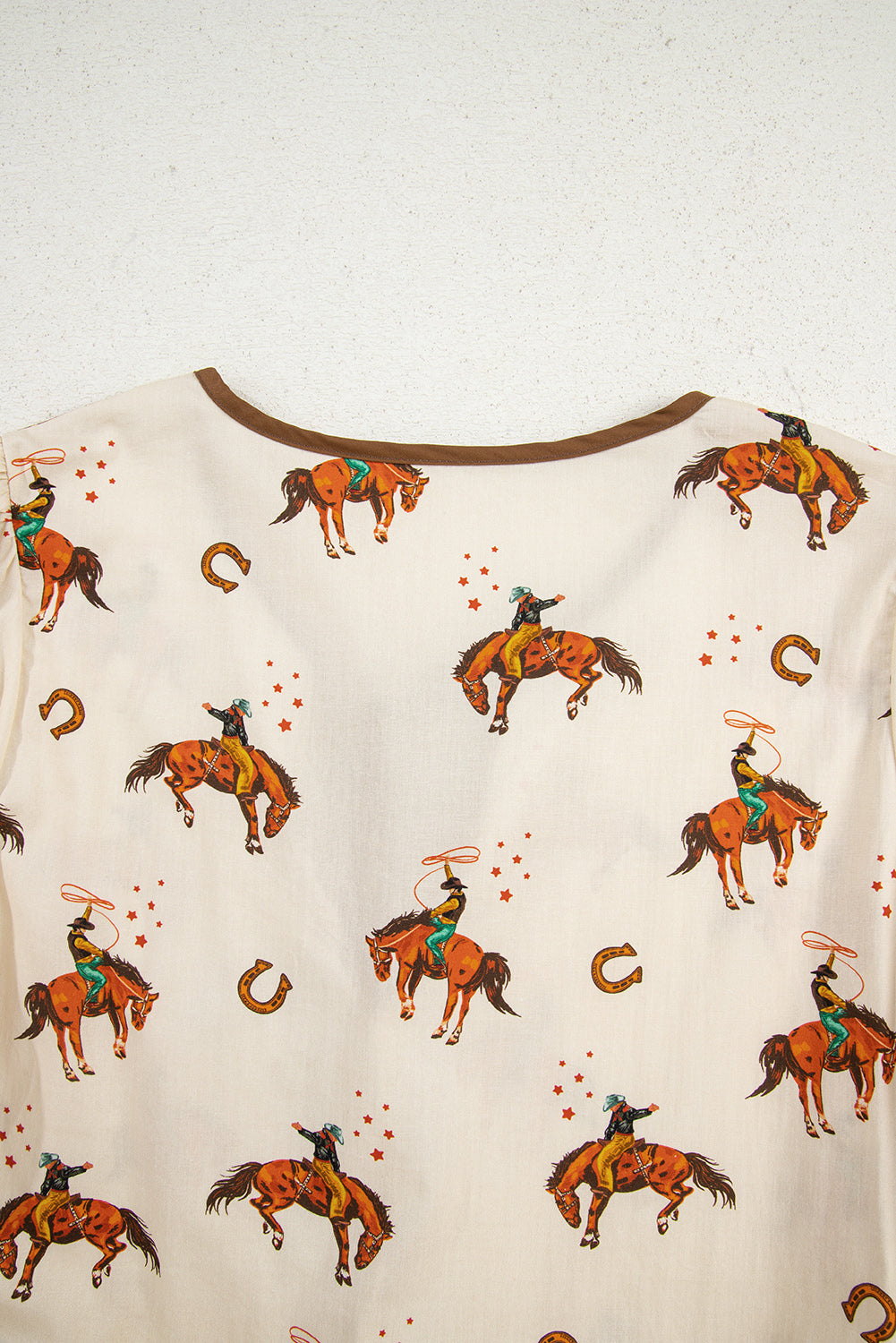 Apricot Cowboy Print Puff Sleeve Bowknot Peplum Top
