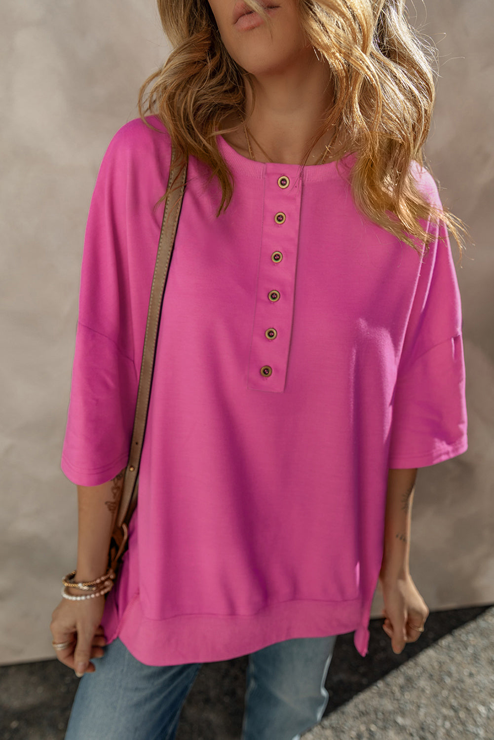 Drop Shoulder Henley Buttons Sweatshirt
