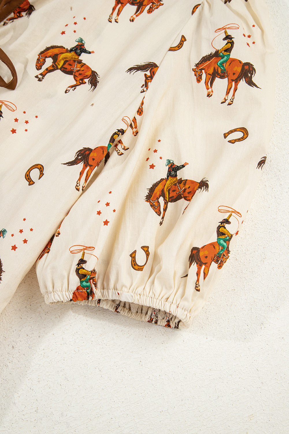 Apricot Cowboy Print Puff Sleeve Bowknot Peplum Top