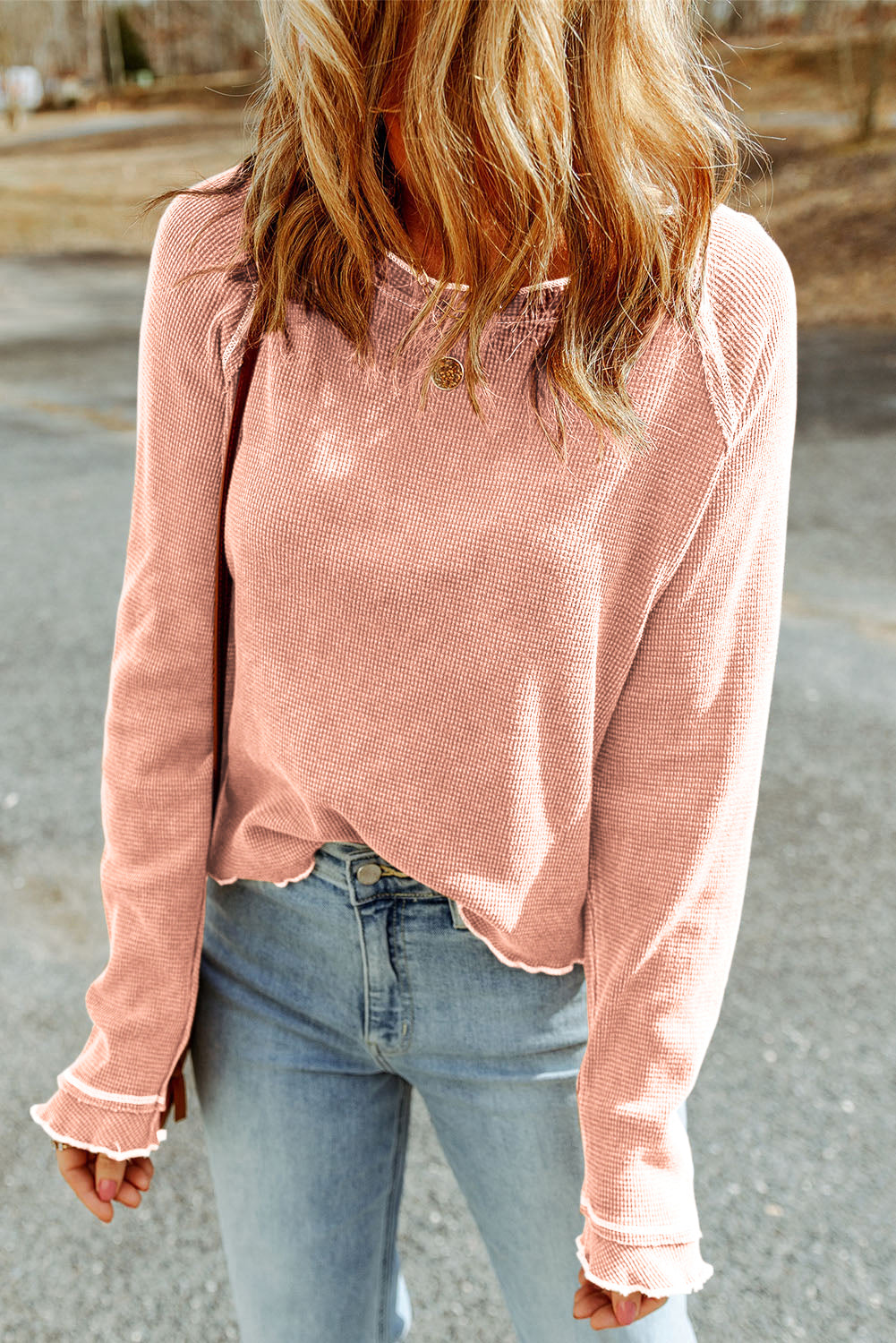 Gray Textured Round Neck Long Sleeve Top