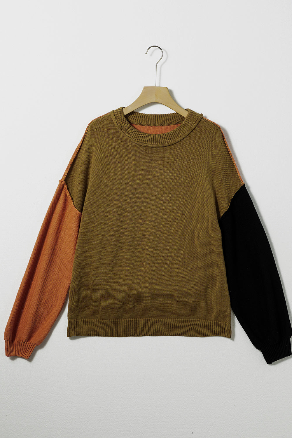 Colorblock Bishop Sleeve Ribbed Trim Sweater