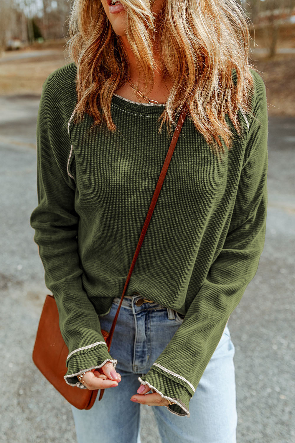 Gray Textured Round Neck Long Sleeve Top