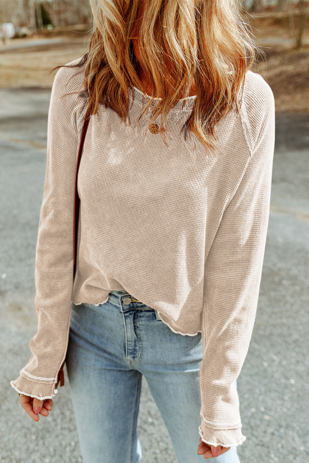 Gray Textured Round Neck Long Sleeve Top