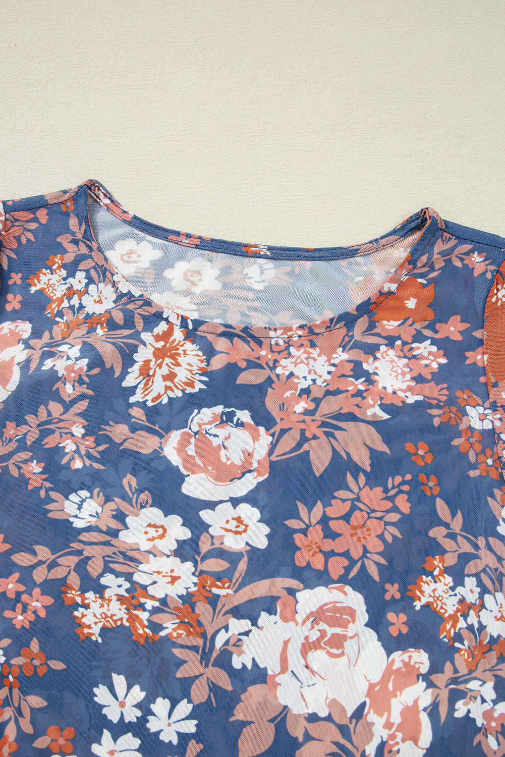 Floral Print Mesh Fitted Long Sleeve Top