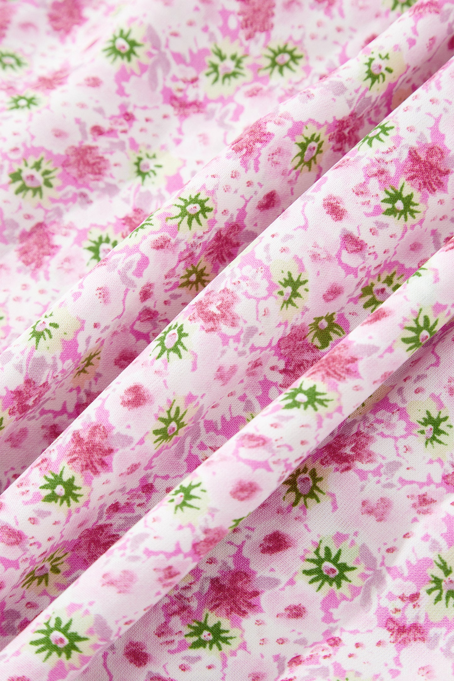 Pink Floral Short Bubble Sleeve Shirred High Waist Maxi Dress