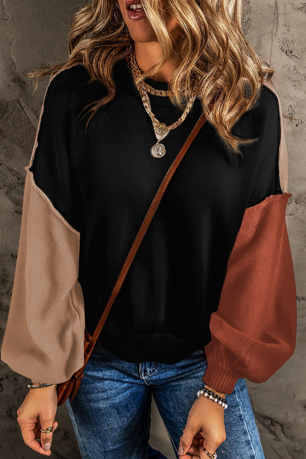 Coffee Leopard Print Colorblock Pullover Sweater