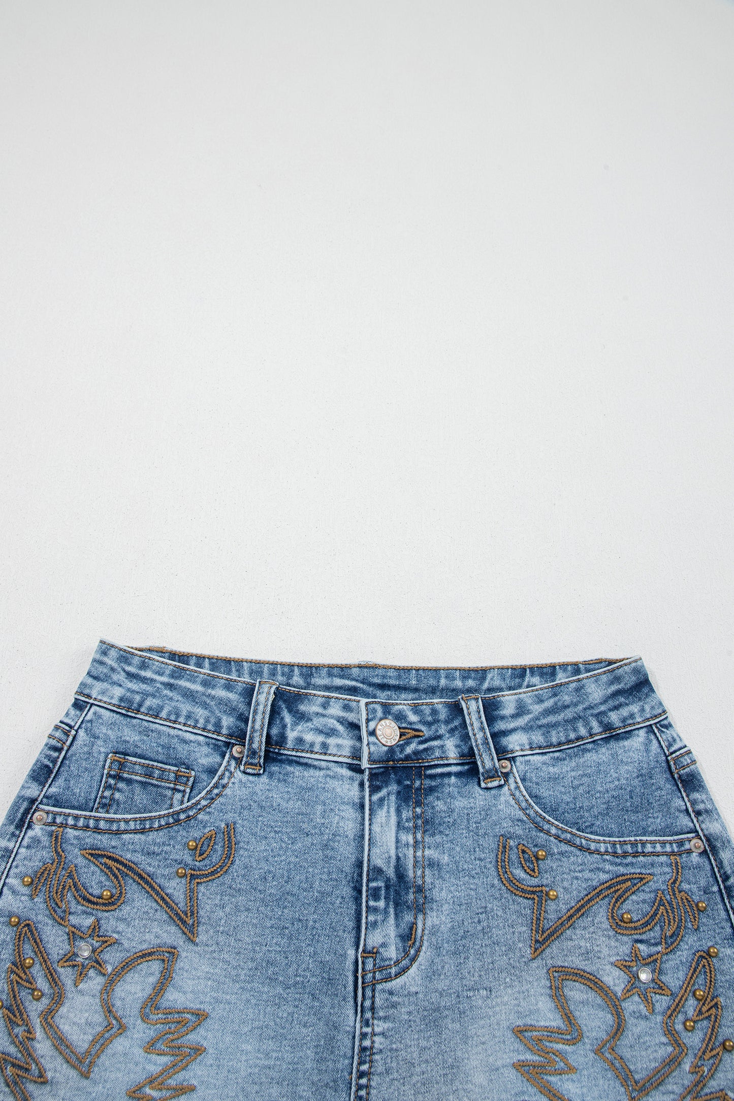 Dusk Blue Western Embroidery Stud Denim Shorts