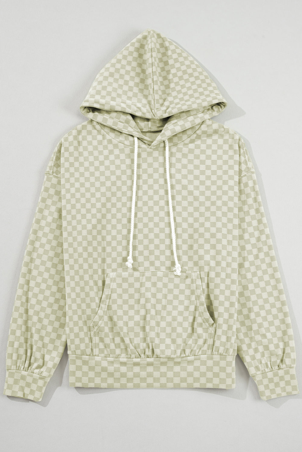 Green Checkered Drawstring Hooded Sweatshirt